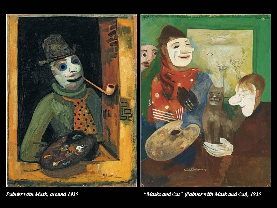 Masks and Cats (Artist with Mask and Cat - Felix Nussbaum as art print or  hand painted oil.
